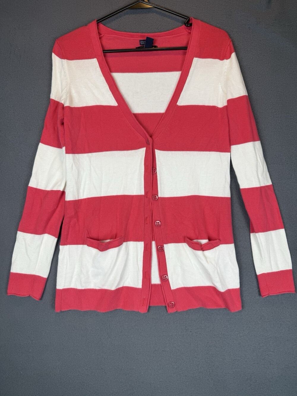 TOMMY HILFIGER 100% Pima Cotton Cardigan SWEATER Pink White Striped XS